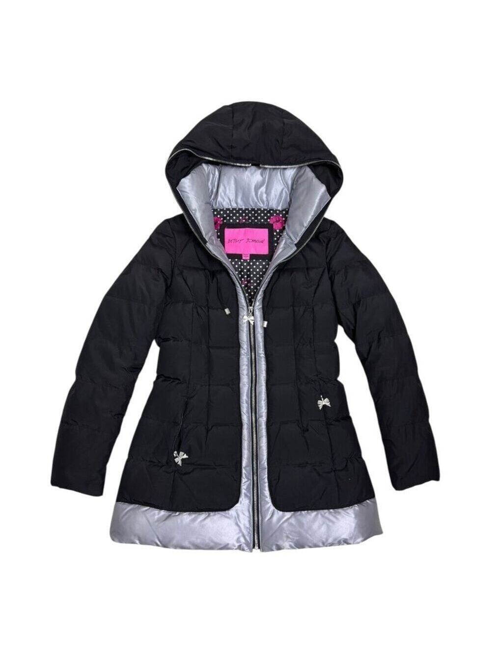 BETSEY JOHNSON Down & Feather Black Designer Winter Puffer Parka Coat Womens S